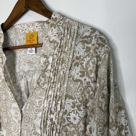 Ruby Rd Woman Blouse Womens 3X Beige Paisley Button Pintuck Long Sleeve Boho - Picture 2 of 7